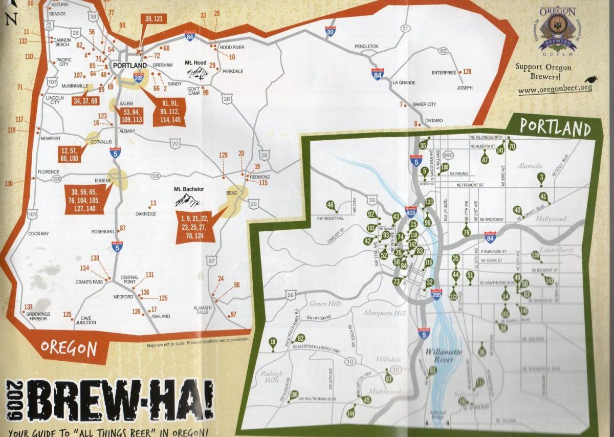 mapa browarów w Portland w stanie Oregon 